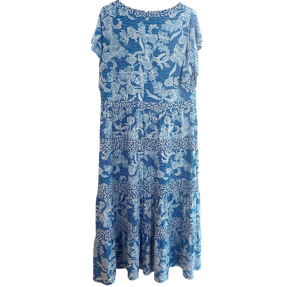 Lauren Ralph Lauren Blue White Floral Flounce Sleeve Maxi Dress 14W - Picture 2 of 6